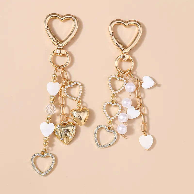 Shell Pearl Heart Keychain Rhinestone Heart Charm Pendant Keyring Jewelry For Girl Women Gift Bag Decoration