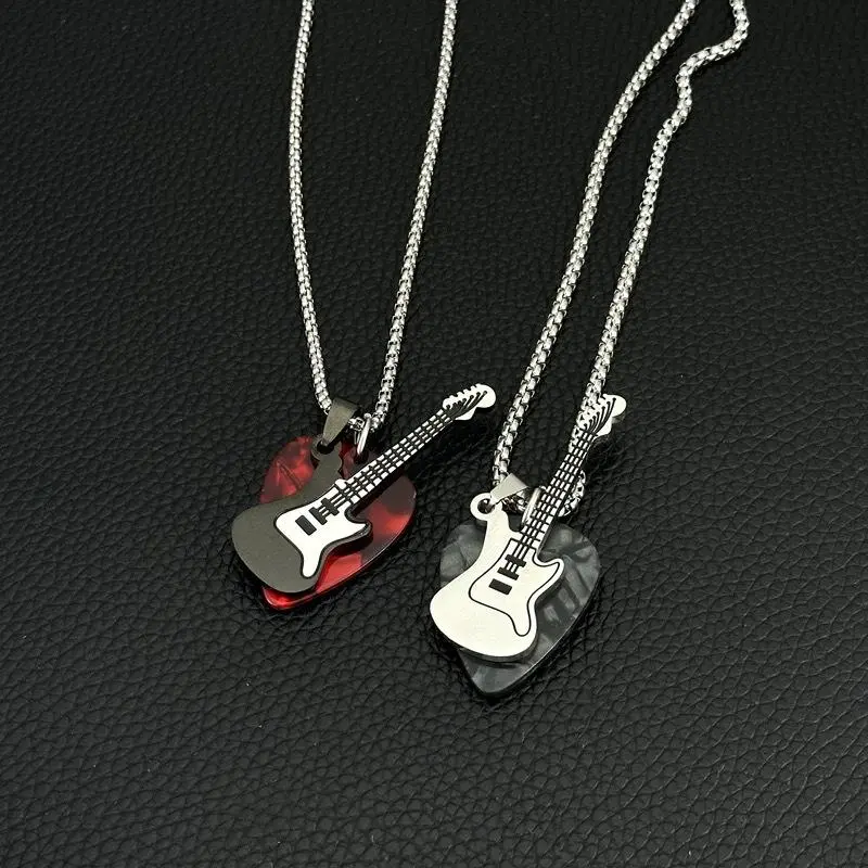 Hip-hop Guitar Pick Pendant Necklace Punk Titanium Steel Guitar Chain Choker Trendy Vintage Electric Guitar Sweater Chain Boys