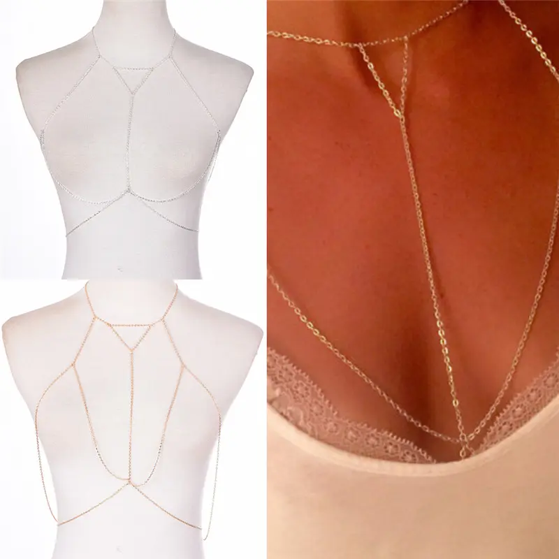 Gold Silver Fashion Link Chain Bra Multilayer Sexy Beach Bikini Harness V Necklaces Women Body Chain Jewelry Gift