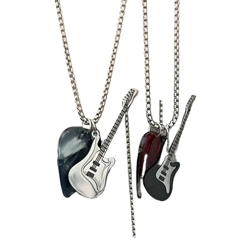 Hip-hop Guitar Pick Pendant Necklace Punk Titanium Steel Guitar Chain Choker Trendy Vintage Electric Guitar Sweater Chain Boys