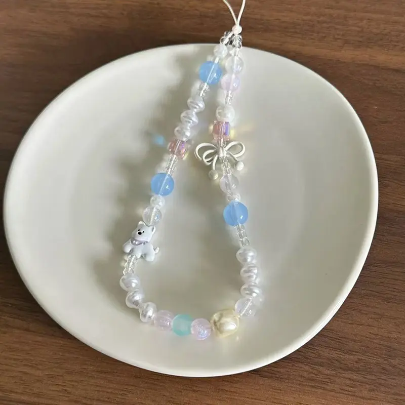 1 Piece Cartoon Beaded Summer Bow West Highland Mobile Phone Pendant Hanging Rope Decoration Bag Accessories Girl Gift