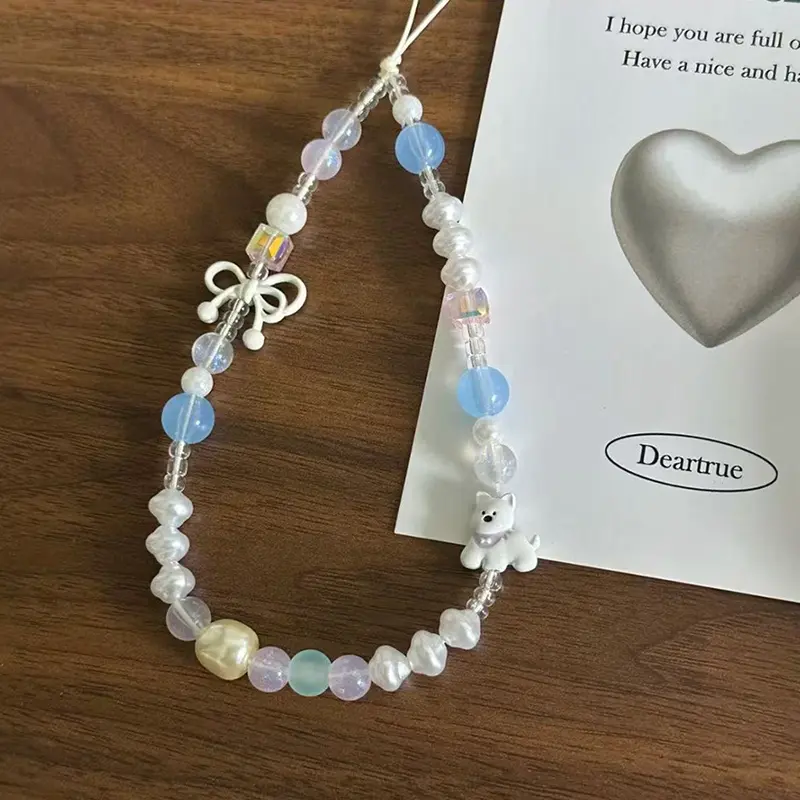 1 Piece Cartoon Beaded Summer Bow West Highland Mobile Phone Pendant Hanging Rope Decoration Bag Accessories Girl Gift