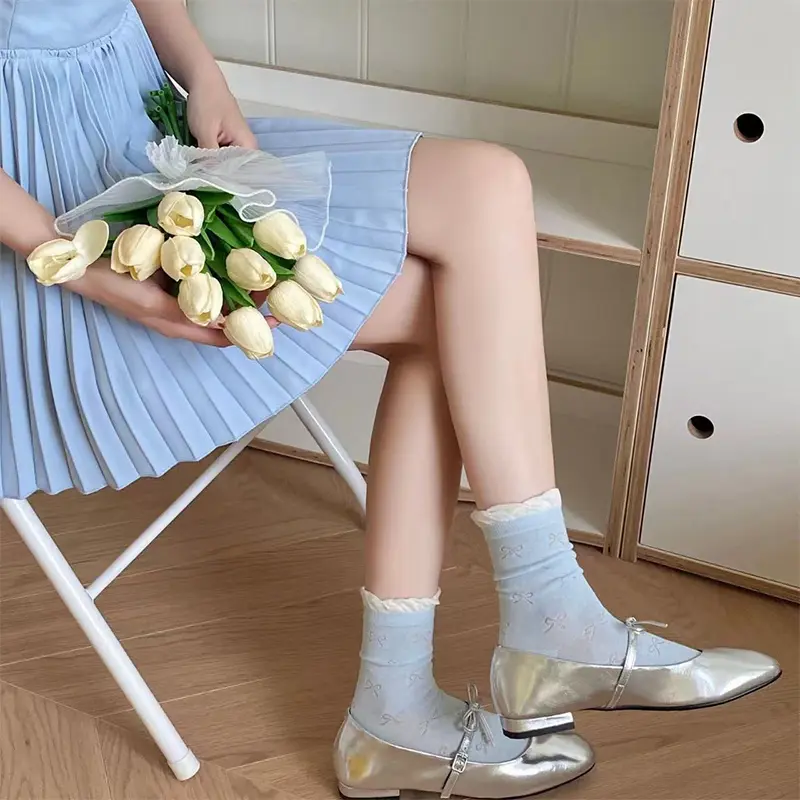 Sweet Bowknot Tied Middle Tube Socks Women Heel Bow Socks Casual Black White Pile Socks Girls Sports Cotton Socks