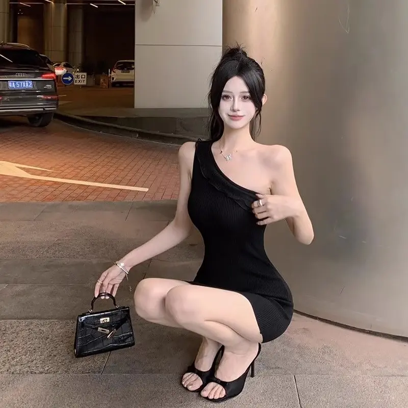 Ruffle Trim Pure Desire Style Shoulder Bared Slim Fit Strap Dress Women Summer Sexy Mini Skirt Sleeveless