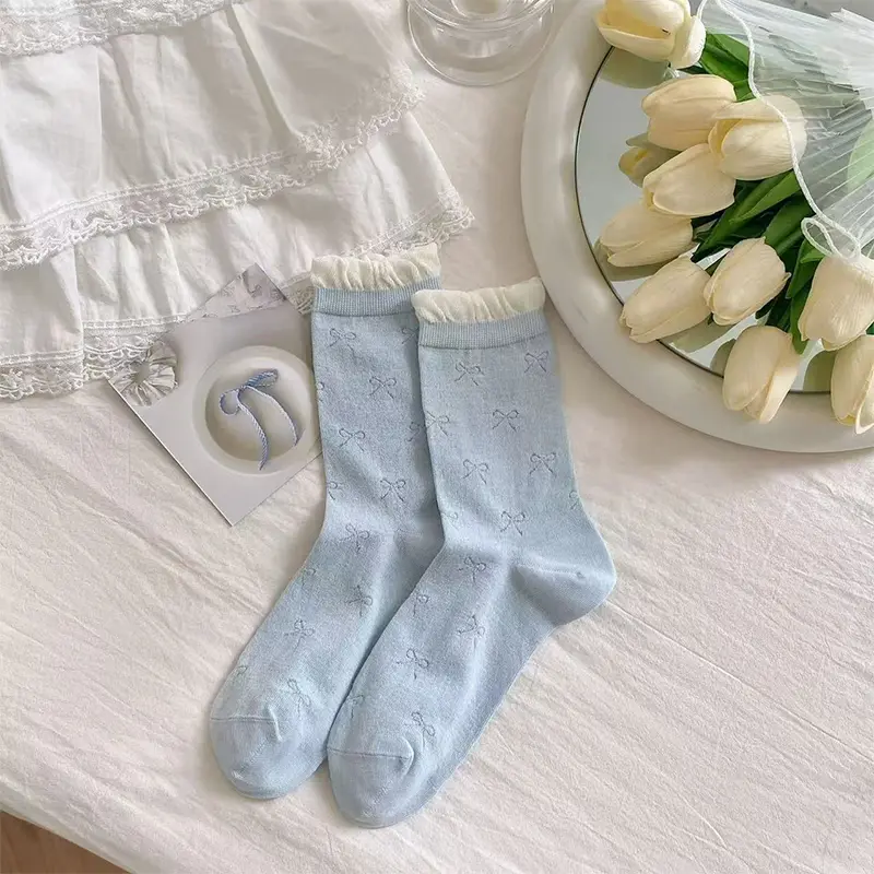 Sweet Bowknot Tied Middle Tube Socks Women Heel Bow Socks Casual Black White Pile Socks Girls Sports Cotton Socks
