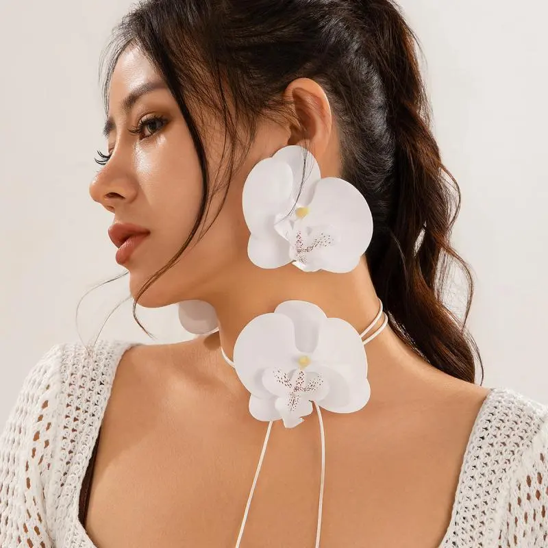 Fashion Butterfly Orchid Stud Earrings Necklace For Women Exaggerated Large Flower Temperament Wedding Jewelry Gifts