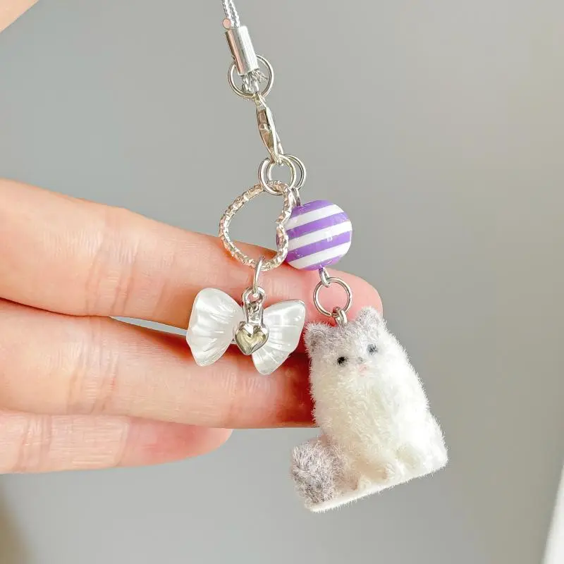 Flocking Cat Keychain Furry Kitten Phone Chain Strap Charm Keyring Jewelry Anti-Lost Lanyard Bag Decor