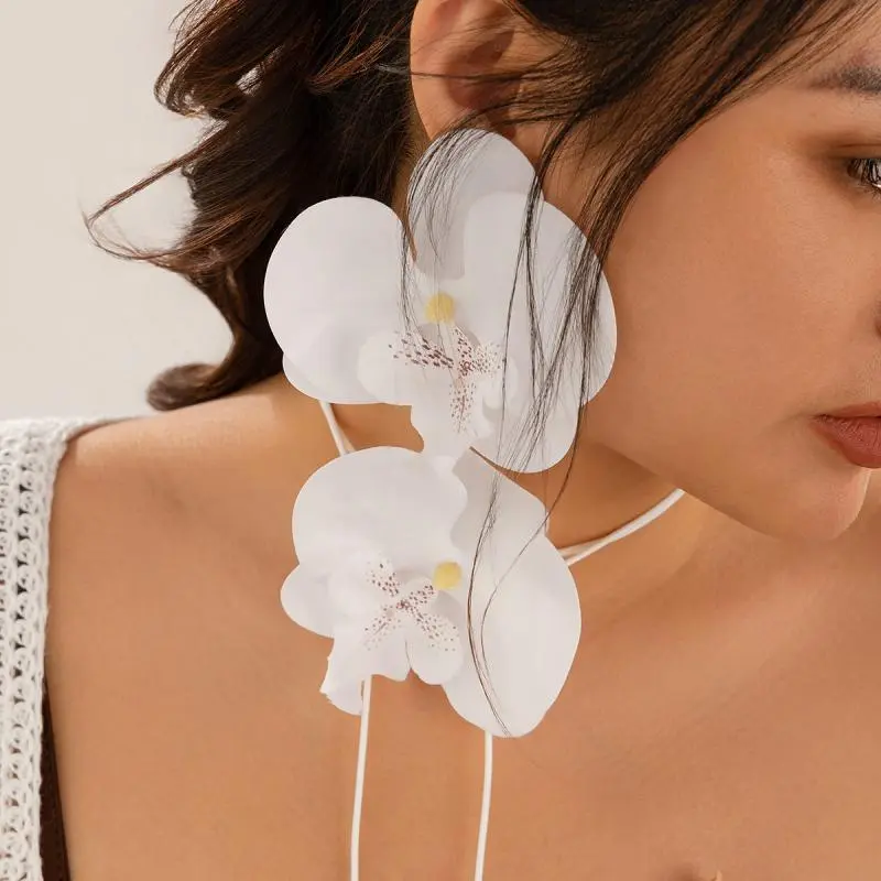 Fashion Butterfly Orchid Stud Earrings Necklace For Women Exaggerated Large Flower Temperament Wedding Jewelry Gifts