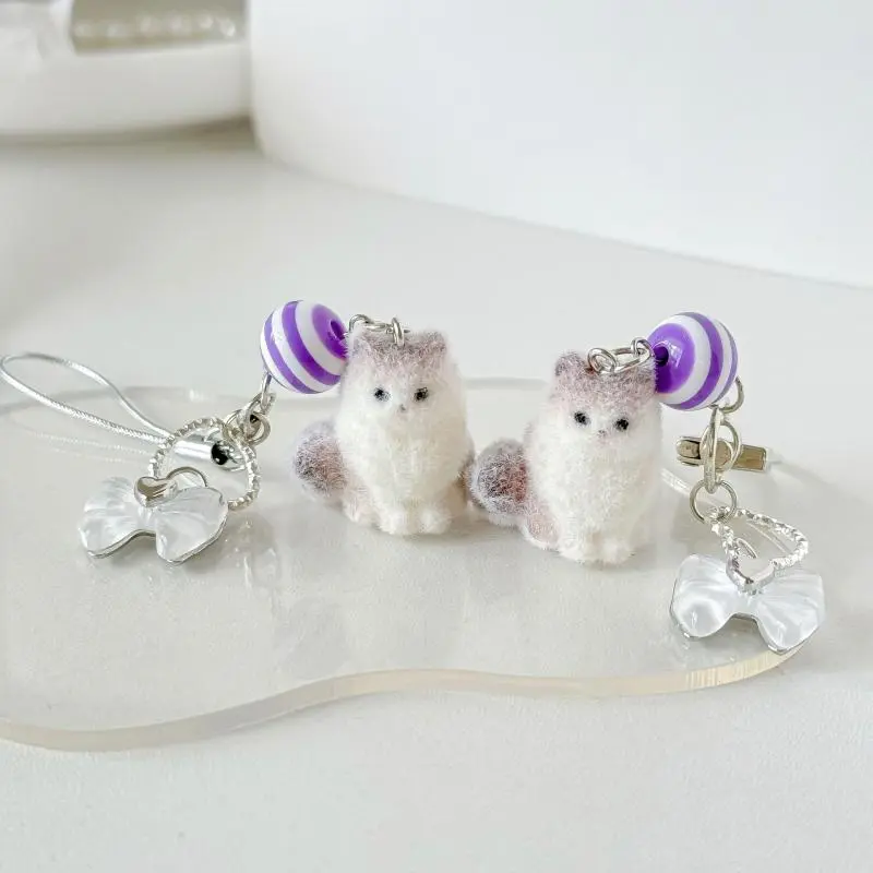 Flocking Cat Keychain Furry Kitten Phone Chain Strap Charm Keyring Jewelry Anti-Lost Lanyard Bag Decor