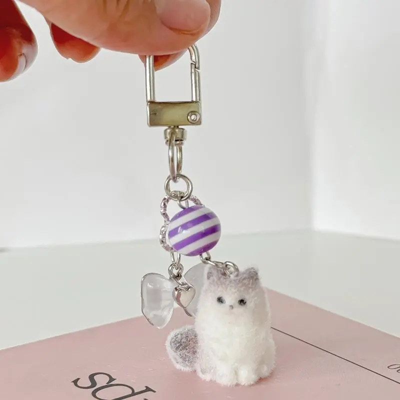 Flocking Cat Keychain Furry Kitten Phone Chain Strap Charm Keyring Jewelry Anti-Lost Lanyard Bag Decor