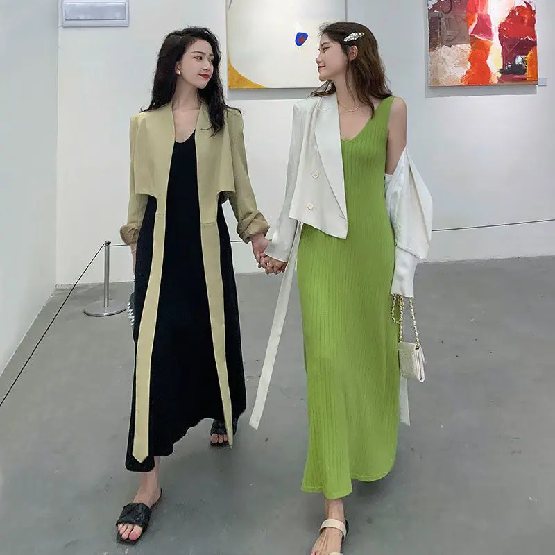 Fashion Slim Vacation Solid Color Mid-Length Knitted Camisole Dress For Women