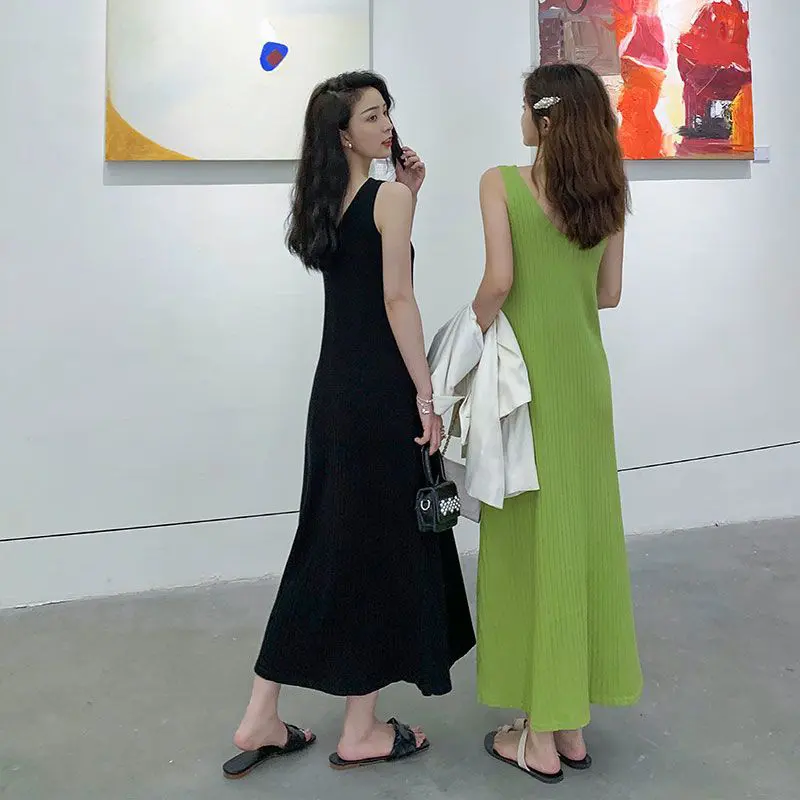 Fashion Slim Vacation Solid Color Mid-Length Knitted Camisole Dress For Women