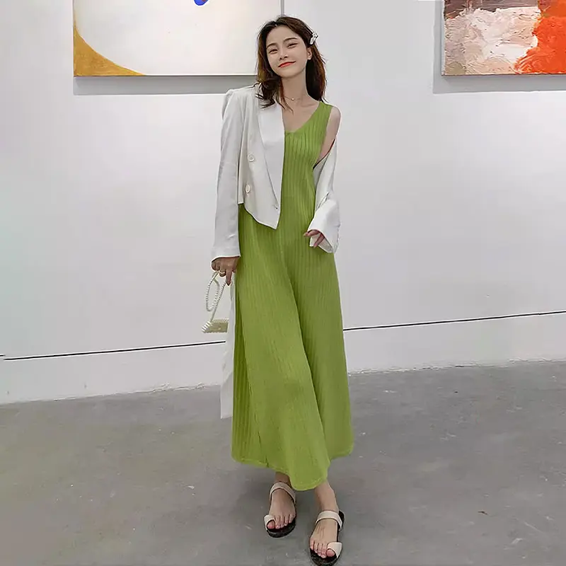 Fashion Slim Vacation Solid Color Mid-Length Knitted Camisole Dress For Women