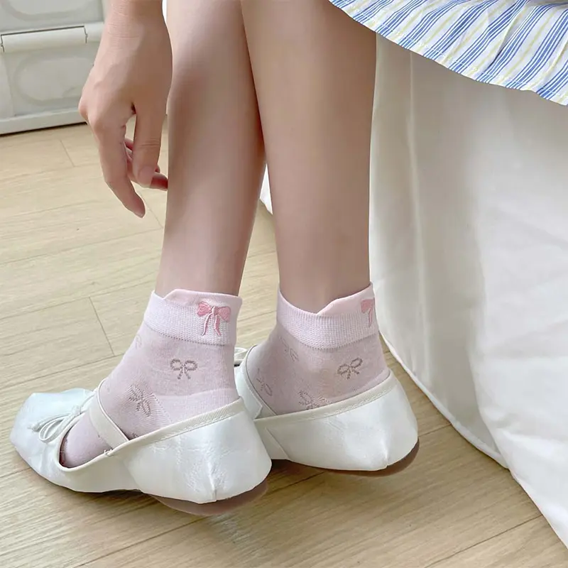 Women Short Socks Cute Embroidery Bowknot Casual Ankle Socks Spring Summer Breathable Female Tube Socks