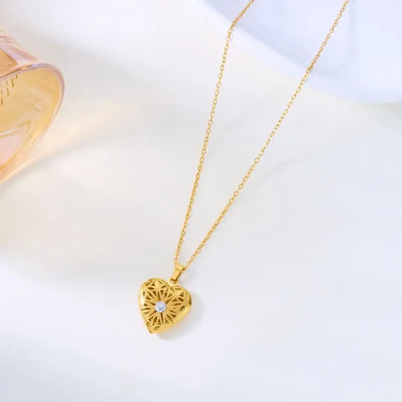 Stainless Steel Openable Locket Pendant Necklace For Women Photo Box Heart Charm Chain Zircon Collar Jewelry Family Lover Gift