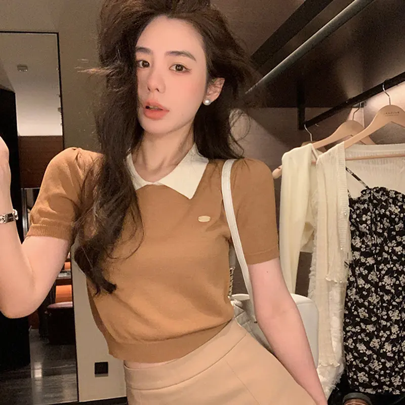 Contrast Collar Turn-down Collar T-shirt Summer Ice Silk Knitted Women's Tops