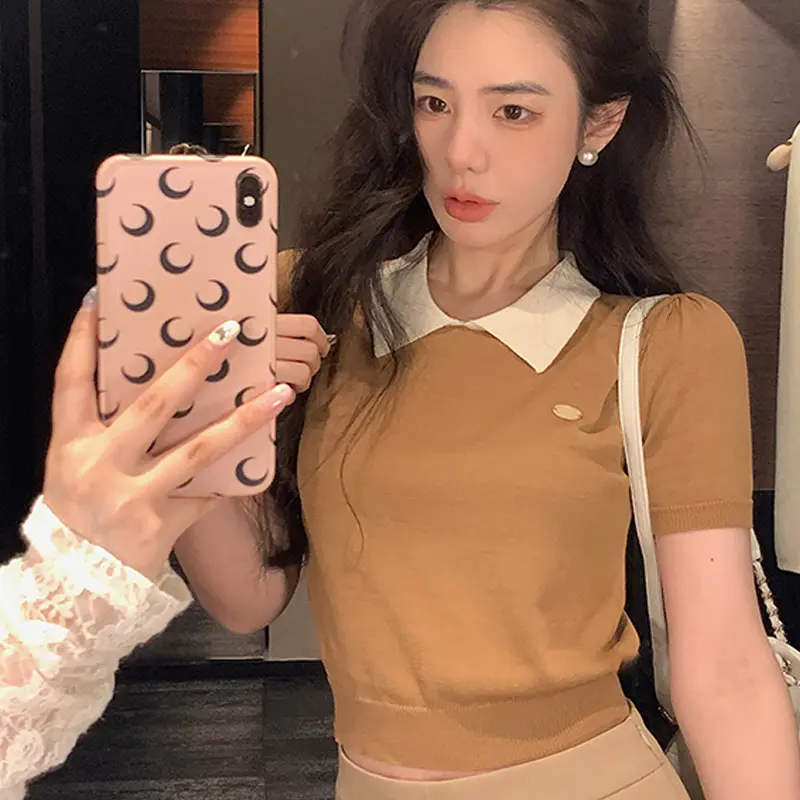 Contrast Collar Turn-down Collar T-shirt Summer Ice Silk Knitted Women's Tops