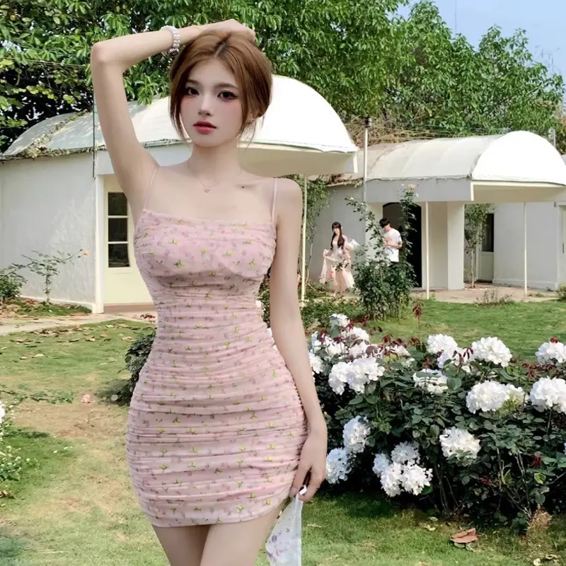 Holiday Summer Floral Pleated Mesh Hip-wrapped Sleeveless Sweet Sexy Short Dress