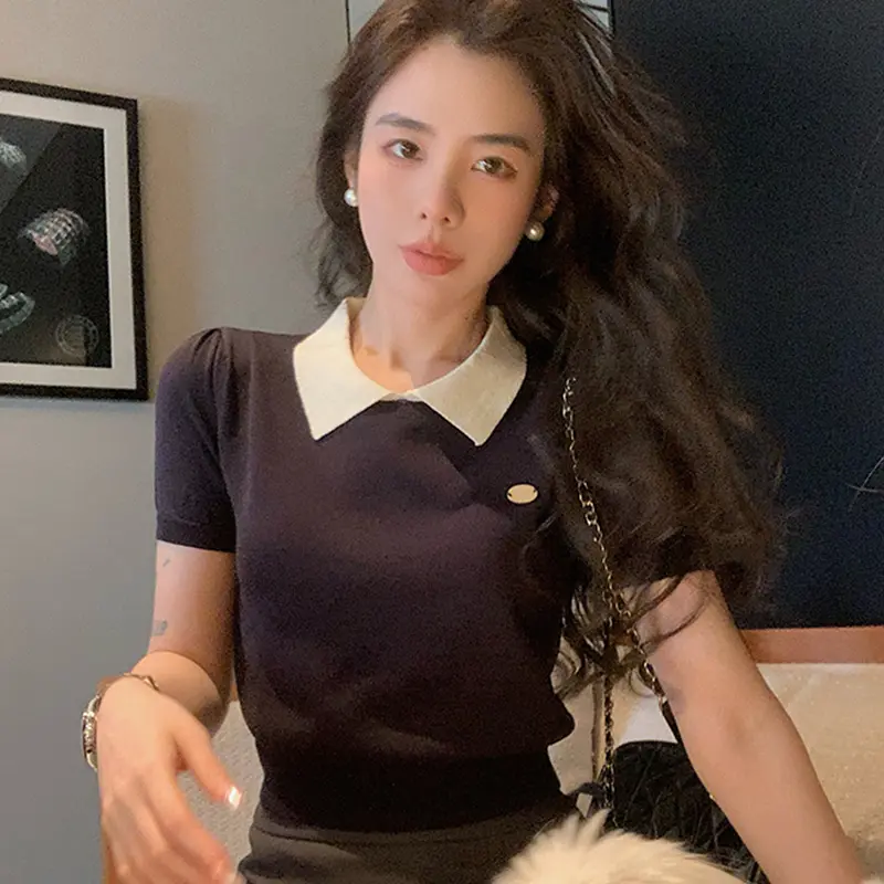 Contrast Collar Turn-down Collar T-shirt Summer Ice Silk Knitted Women's Tops