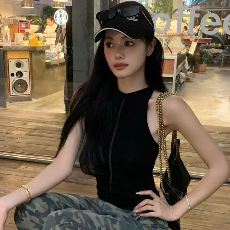 Summer Fashion Sexy Mesh Patchwork Round Neck Sleeveless Slim Vest For Women