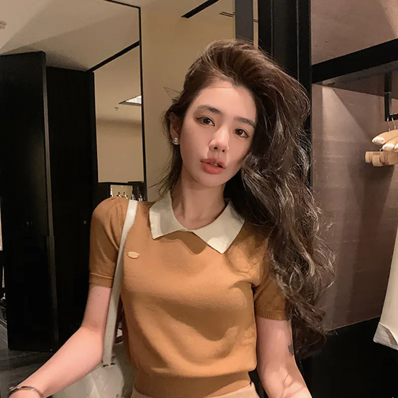 Contrast Collar Turn-down Collar T-shirt Summer Ice Silk Knitted Women's Tops