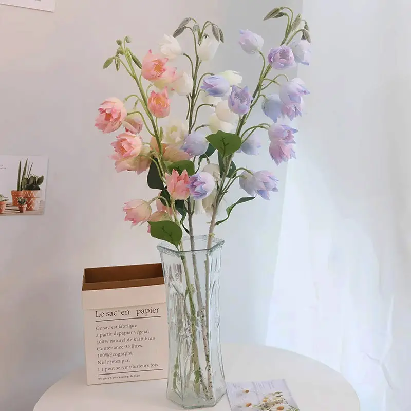 Artificial Flowers 86cm Campanula Bell Flower Blue Flocking FlowerBranch For Wedding Home Floral Table Decor Hyacinth Silk Flowe