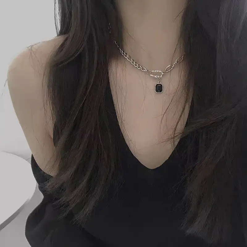 Black Gem Necklace Woman Irregular Bridal Necklaces Chain High Quality Pendant collier acier inoxydable femme