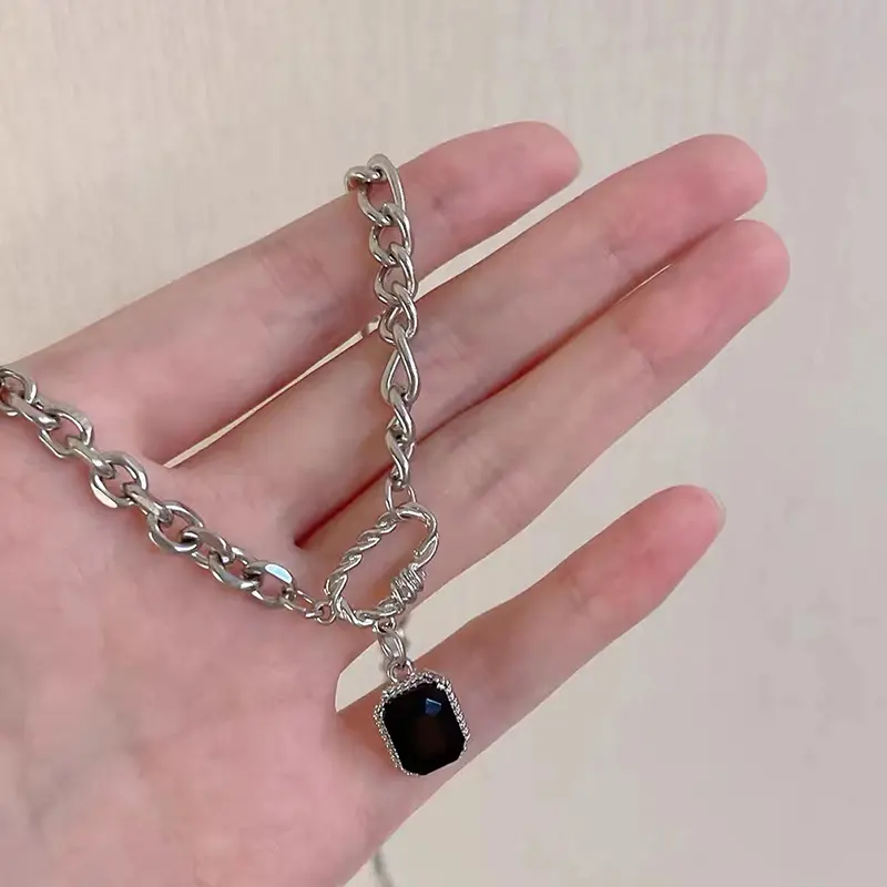 Black Gem Necklace Woman Irregular Bridal Necklaces Chain High Quality Pendant collier acier inoxydable femme