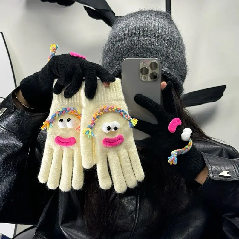 Cute Funny Ugly Cartoon Knitted Warm Thick Fashion Outdoor Cycling Five-finger Touch Screen Gloves