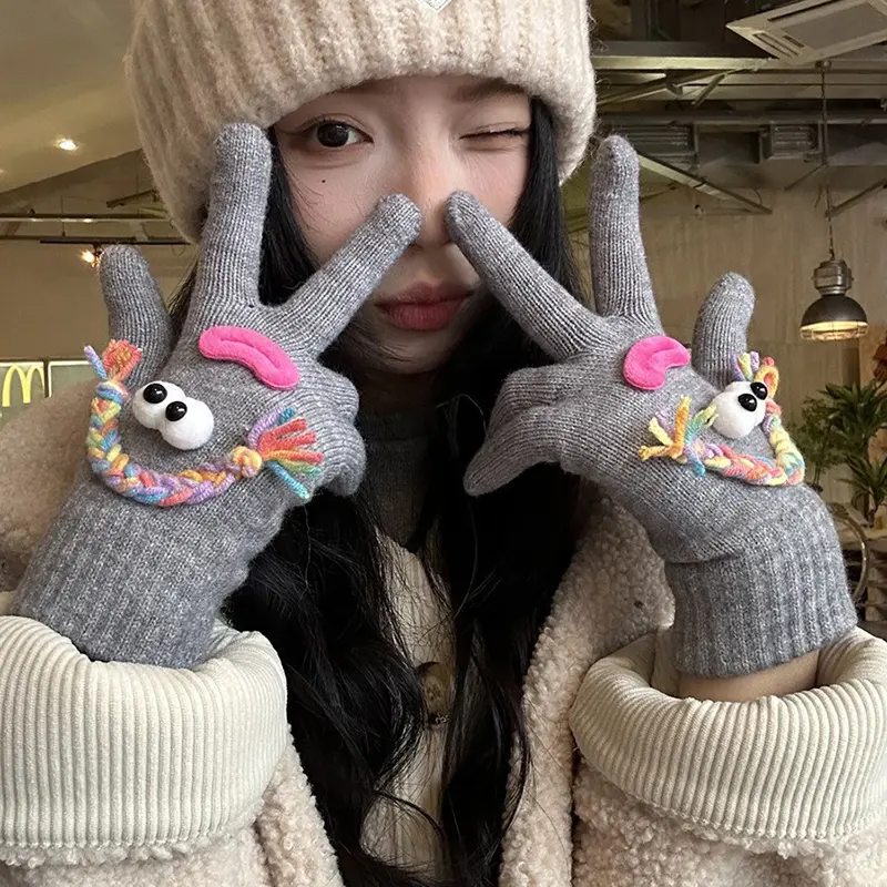 Cute Funny Ugly Cartoon Knitted Warm Thick Fashion Outdoor Cycling Five-finger Touch Screen Gloves