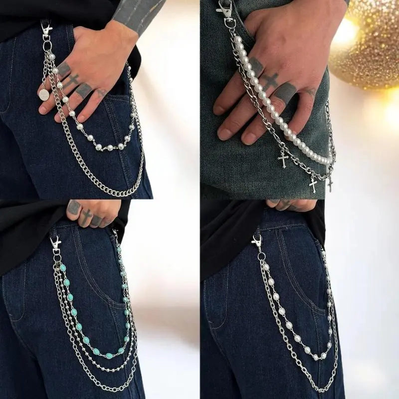 Faux Pearl Cross Pant Chain for Punk Men; Hip Hop Multilayer Denim Chain Waist Decoration Accessories