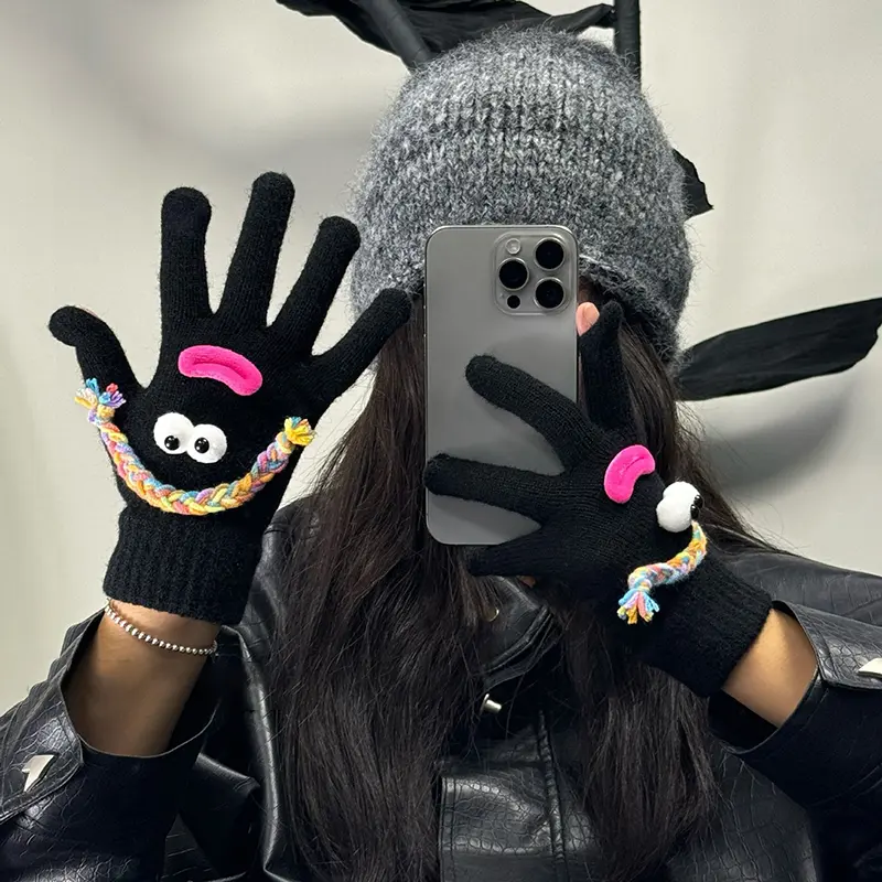 Cute Funny Ugly Cartoon Knitted Warm Thick Fashion Outdoor Cycling Five-finger Touch Screen Gloves