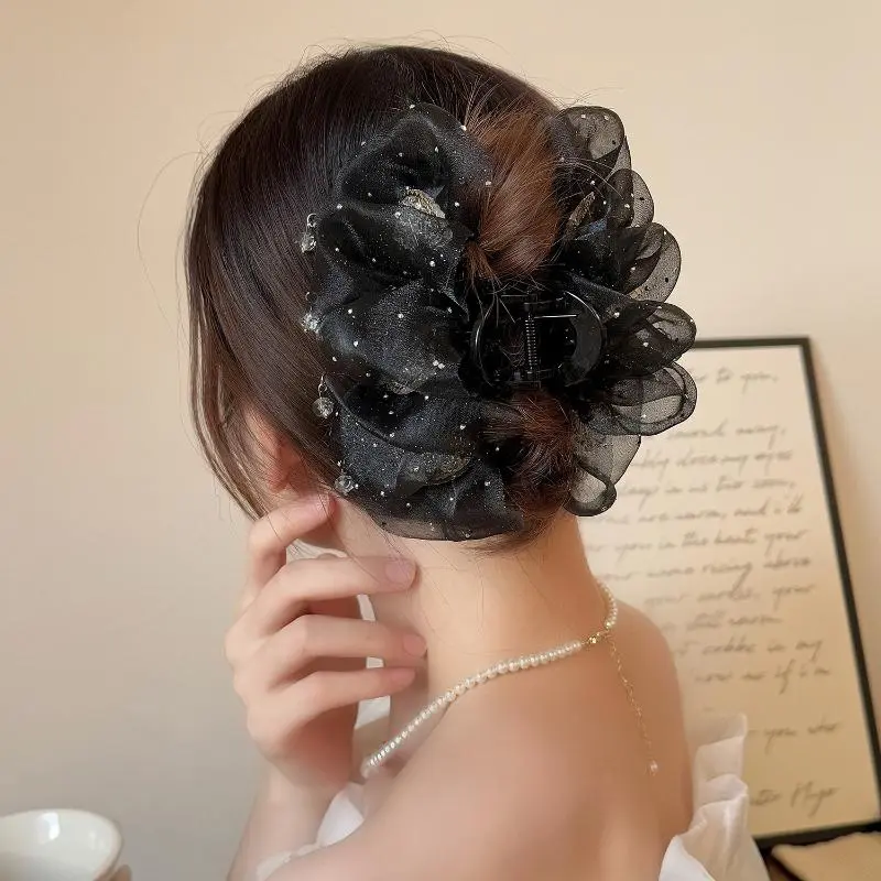 Chic Mesh Tulle Tassel Women's Hair Claw; Radiant Zircon Ponytail Shark Clip Princess Tiara Hair Accessory.