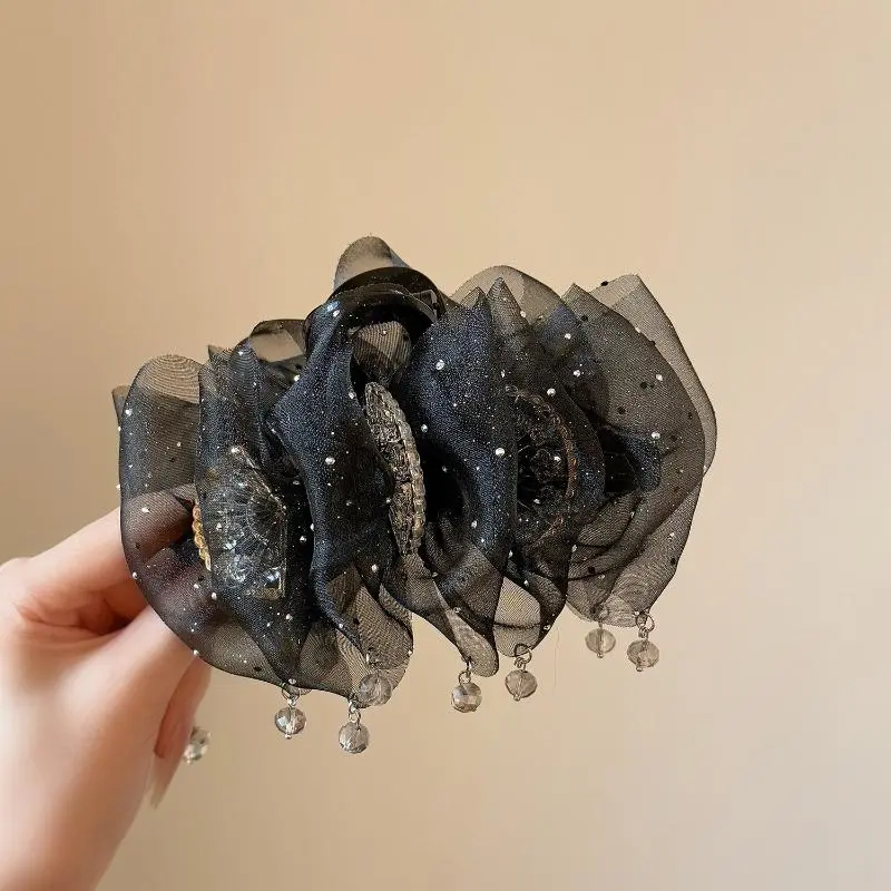 Chic Mesh Tulle Tassel Women's Hair Claw; Radiant Zircon Ponytail Shark Clip Princess Tiara Hair Accessory.