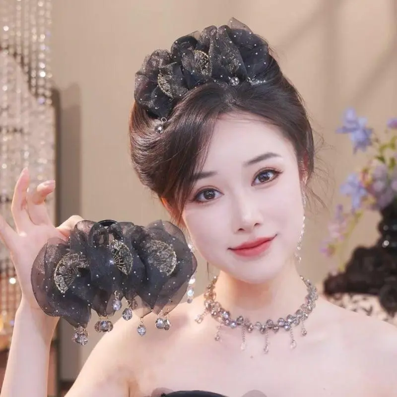Chic Mesh Tulle Tassel Women's Hair Claw; Radiant Zircon Ponytail Shark Clip Princess Tiara Hair Accessory.