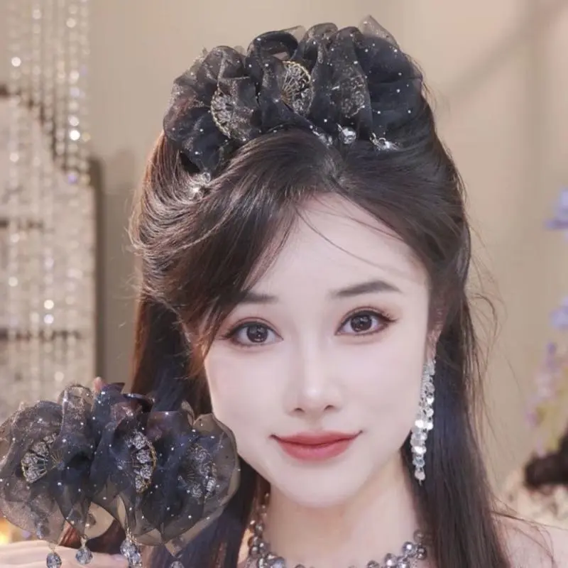 Chic Mesh Tulle Tassel Women's Hair Claw; Radiant Zircon Ponytail Shark Clip Princess Tiara Hair Accessory.
