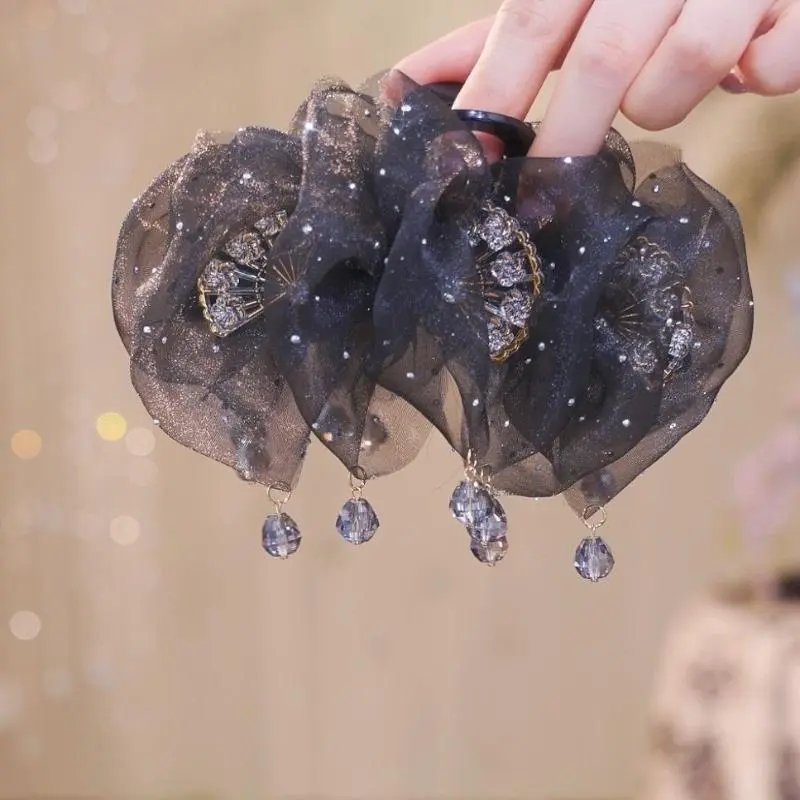 Chic Mesh Tulle Tassel Women's Hair Claw; Radiant Zircon Ponytail Shark Clip Princess Tiara Hair Accessory.