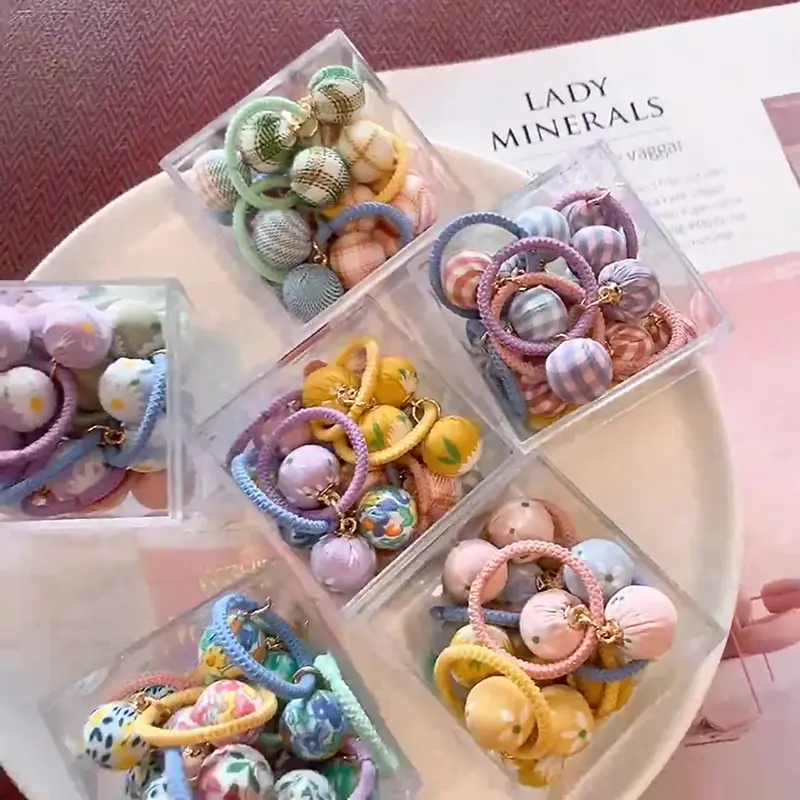 10Pcs Adorable Floral Houndstooth Ball Pendant Kids Elastic Hair Bands Hair Accessories Girls Hair Ties Headgear