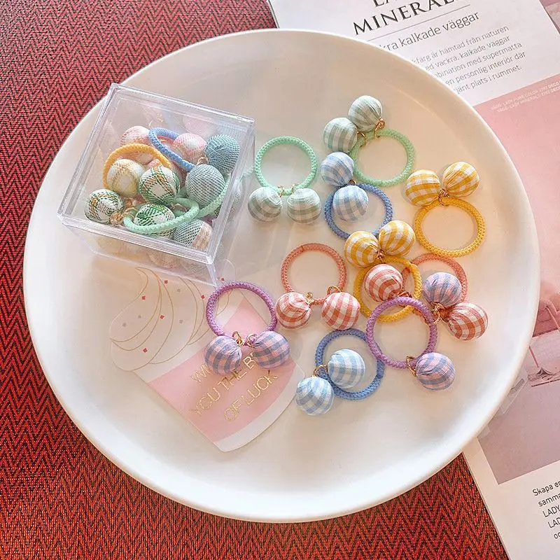 10Pcs Adorable Floral Houndstooth Ball Pendant Kids Elastic Hair Bands Hair Accessories Girls Hair Ties Headgear