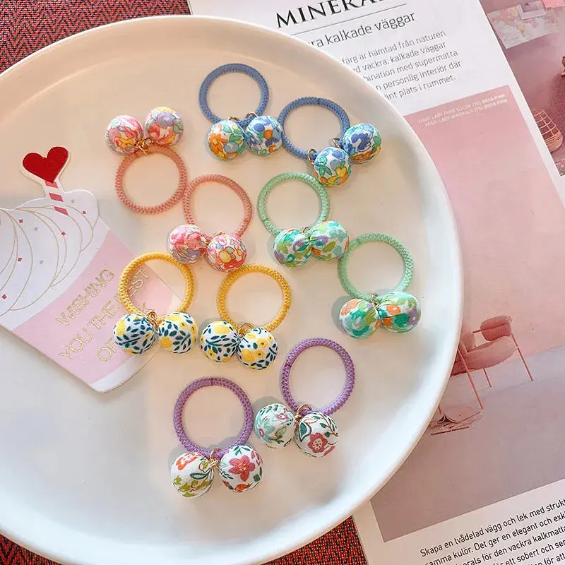 10Pcs Adorable Floral Houndstooth Ball Pendant Kids Elastic Hair Bands Hair Accessories Girls Hair Ties Headgear