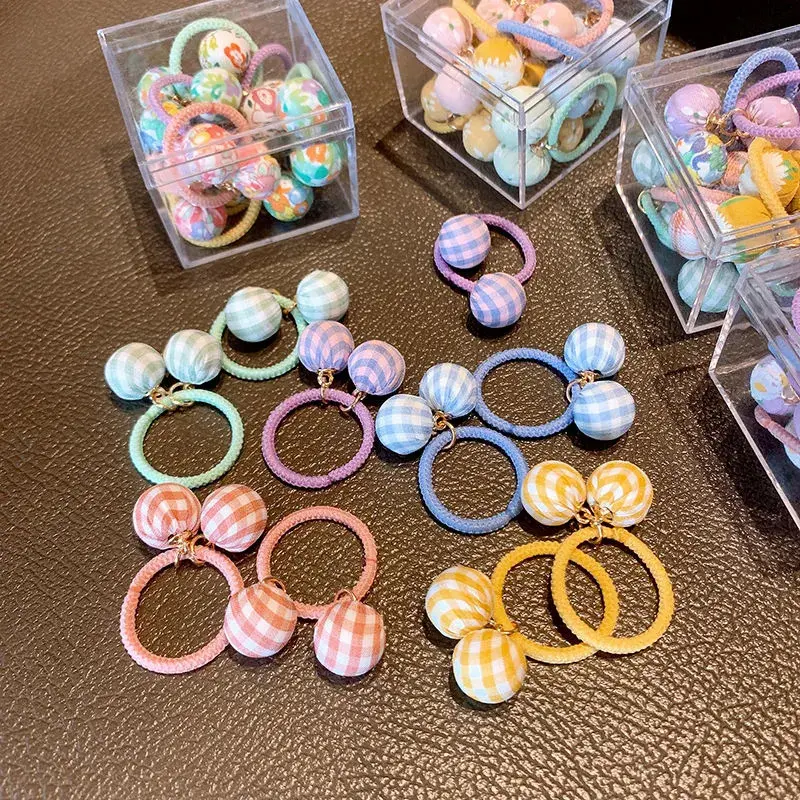 10Pcs Adorable Floral Houndstooth Ball Pendant Kids Elastic Hair Bands Hair Accessories Girls Hair Ties Headgear