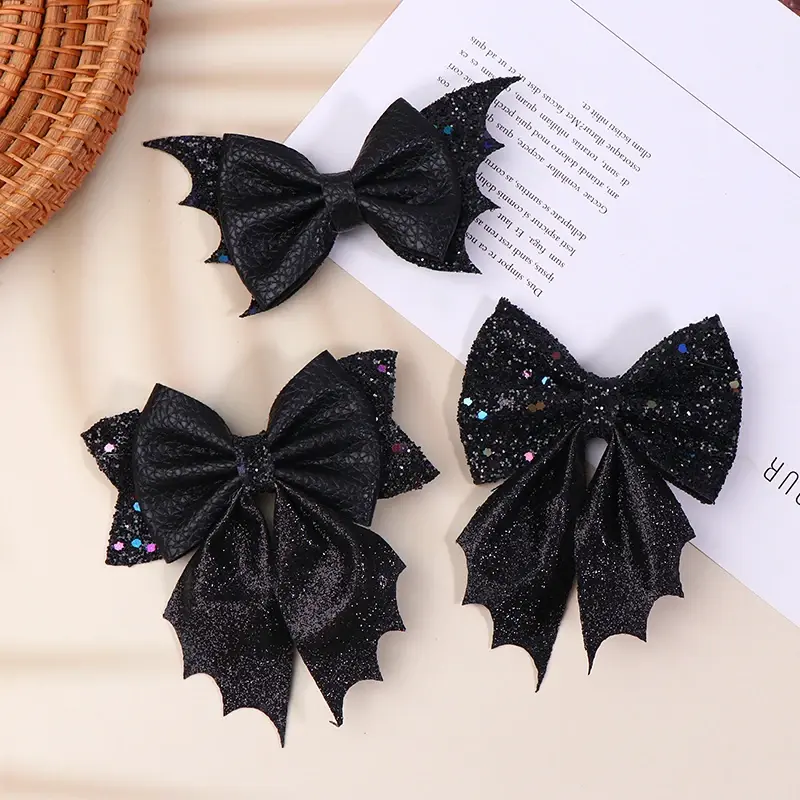 Classical Halloween Festival Girl's Chunky Leather Bat Hair Bow Clip Wholesale DIY Hair Accessories Headwear Barrette