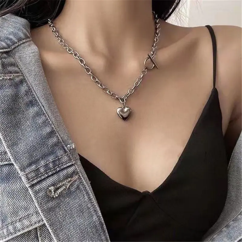 New Design Fashion Heart Pendent For Women Charm Chain Necklaces Choker Titanium Steel Hip Hop Necklace