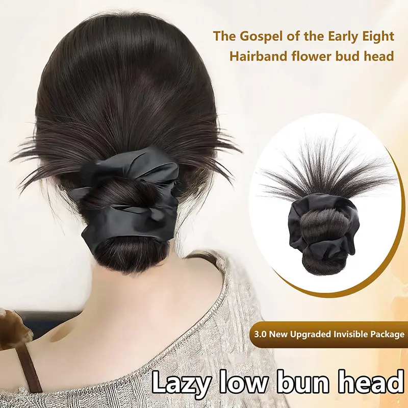 Natural Wig Headpiece with Hair Band, Synthetic Hair Bun and Claw Clip in Fluffy Brown Black