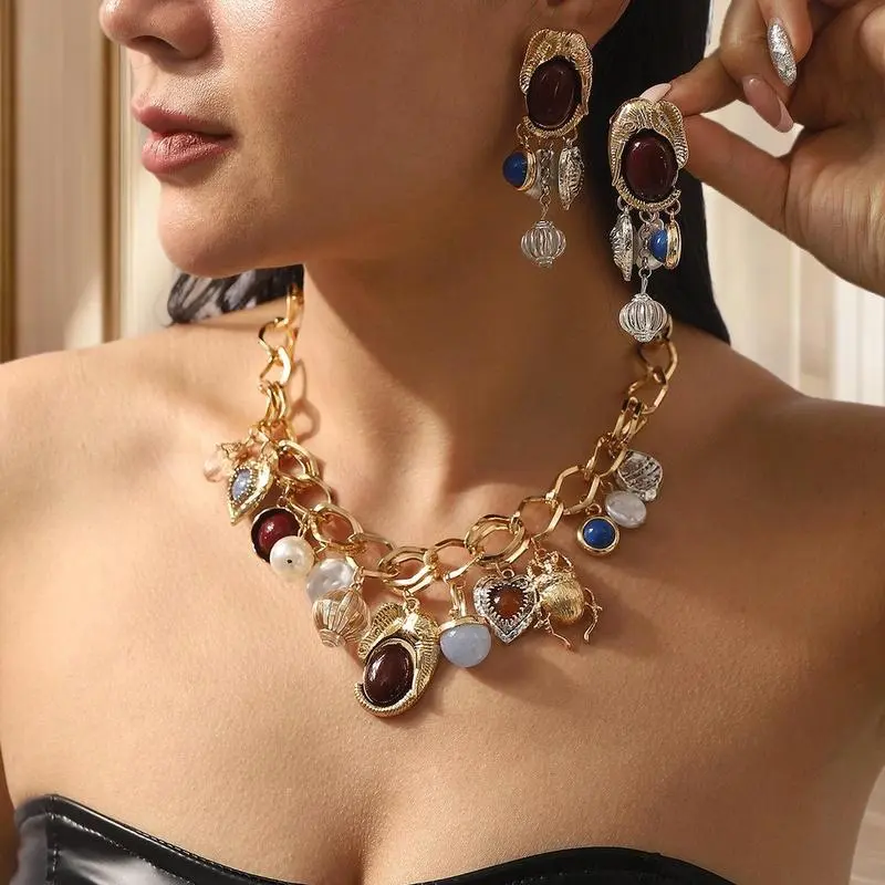 High-End Retro Necklace and Earrings set, Bohemian Resin Gemstone Beaded, Ideal for Women's Party Gift