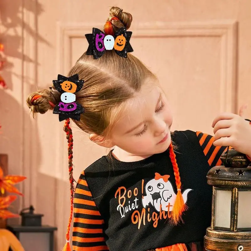 "2Pcs Glitter Bow Hair Clips, Ghost Pumpkin Design, Halloween Accessories for Girls' Party Hair
