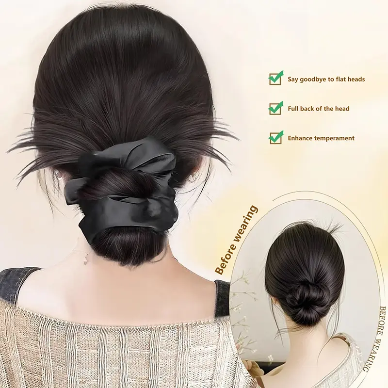 Natural Wig Headpiece with Hair Band, Synthetic Hair Bun and Claw Clip in Fluffy Brown Black