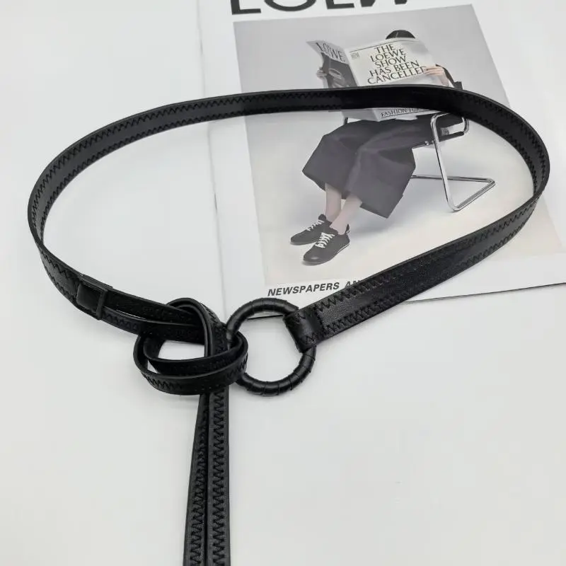 No-hole Knotted Belt Vintage PU Leather Waistband Solid Color Vintage Decorative Belts Thin Dress Girdle