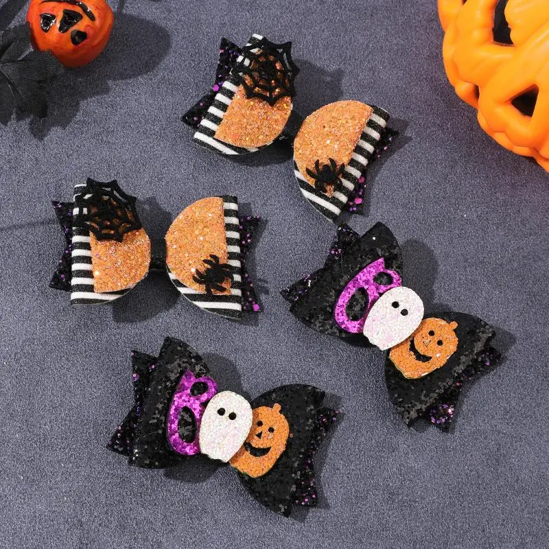 "2Pcs Glitter Bow Hair Clips, Ghost Pumpkin Design, Halloween Accessories for Girls' Party Hair