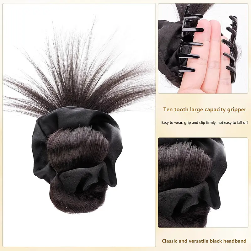 Natural Wig Headpiece with Hair Band, Synthetic Hair Bun and Claw Clip in Fluffy Brown Black